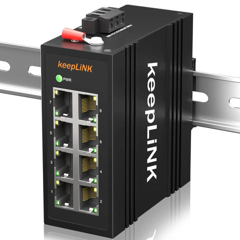 Eight Port Industrial Ethernet Switch Unmanaged 10/100 Mbps DIN Rail Network Switch mounted on rail, black rugged design