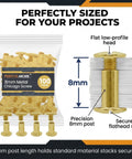 Rock Solid 100 Pack Chicago Screw Binding Posts With Heavy Duty Brass Plated Finish for Scrapbooking displaying 8mm post size.