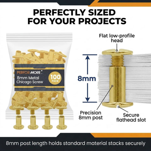 Rock Solid 100 Pack Chicago Screw Binding Posts With Heavy Duty Brass Plated Finish for Scrapbooking displaying 8mm post size.