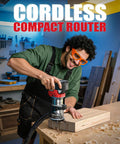 Cordless Compact Router Compatible With Milwaukee Batteries Offering Six Variable Speeds Up To Thirty Thousand Rpm Eight Hundred Watt Woodworking Machine in use on wood plank.