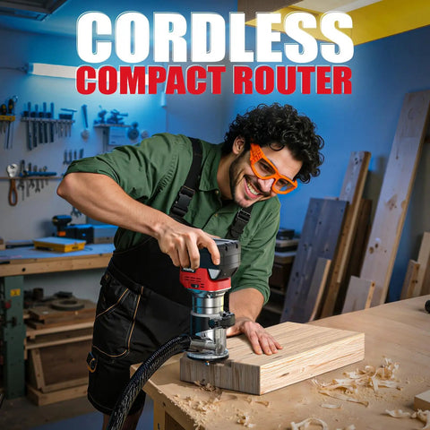 Cordless Compact Router Compatible With Milwaukee Batteries Offering Six Variable Speeds Up To Thirty Thousand Rpm Eight Hundred Watt Woodworking Machine in use on wood plank.