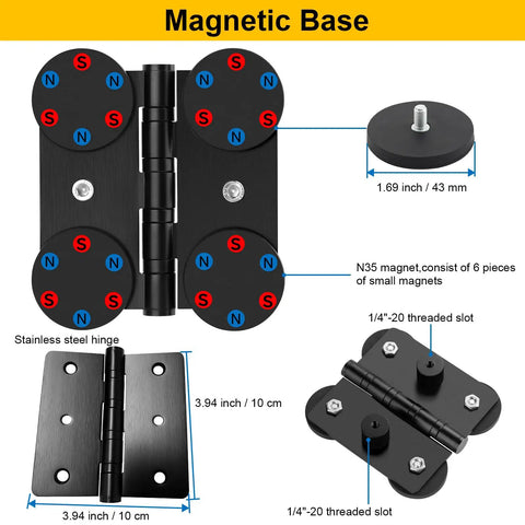 Magnetic Camera Fence Mount for GoPro, Mevo Start, Insta360 Pocket 3, and iPhone with two 1/4-20 slots and stainless steel hinge.
