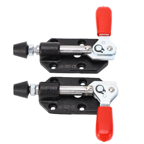 Push Pull Toggle Clamp Set With Rust Resistant Cast Iron 20mm Stroke Heavy Duty Woodworking Clamp For Jigs And Fixtures CNC Welding Includes Storage Box And Cover 2 Pack For Quick Setup Beefy Clamping Power, top view of two clamps with red handles.