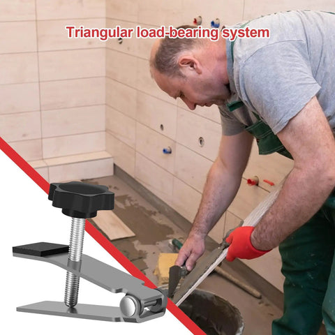 No Hassle Tile Leveling Jack With Smooth Telescoping Arm And Knurled Micro Dial For Dead On Floor Tile Placement and Heavy Duty Labor Saving Contractor Tool in use with a worker leveling tiles.
