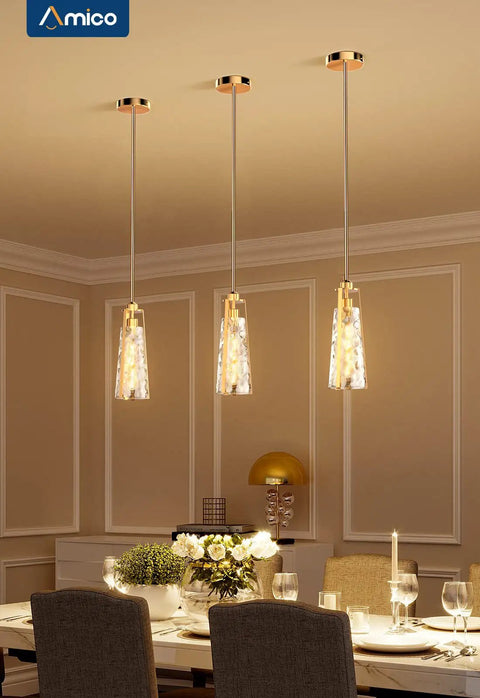 Modern Gold Pendant Lights With Clear Glass Shades Adjustable Hanging Fixtures For Kitchen Island And Living Room