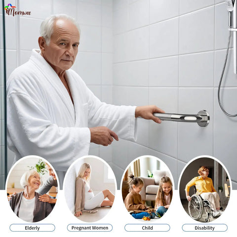 Elderly man using 2 Pack 24 Inch Shower Grab Bar With Anti Slip Grip Chrome Stainless Steel in bathroom for safety support