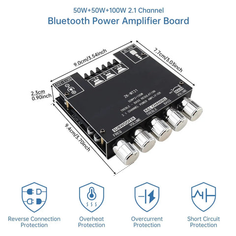 Front view of Bluetooth Power Amplifier Board 2.1 Channel With Subwoofer 50W X 2 Plus 100W DC 12V To 24V DIY Audio Rig