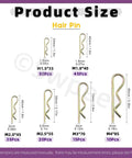 175 Piece Cotter Pin Kit With Six Sizes Zinc Plated Steel Hairpin R Clips on display with dimensions and quantity per size