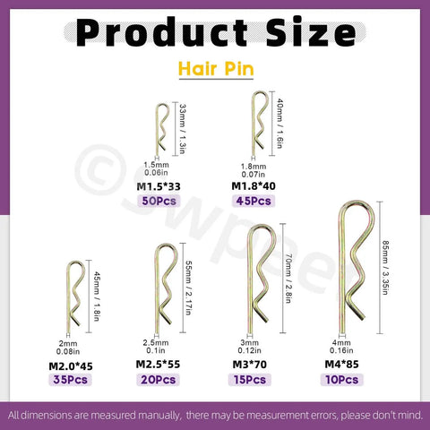 175 Piece Cotter Pin Kit With Six Sizes Zinc Plated Steel Hairpin R Clips on display with dimensions and quantity per size