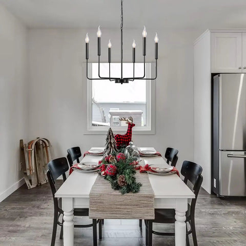 Black Farmhouse Chandelier With 6 Lights, 26.1 Inch Wide Adjustable Height Rustic Hanging Light Fixture for Dining Room over table