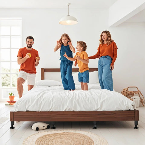 Family enjoying a spacious bed supported by Heavy Duty Adjustable Bed Support Legs Stop Wobbly Frames dead in their tracks.