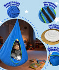 Child in blue sensory tent from All-In-One Swing Stand With Nest Swing Chair And Detachable Play Tent, X-Shaped Heavy-Duty Frame