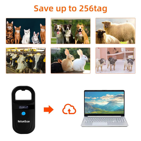 Upgraded Pet Microchip Scanner With 256 Data Storage showing compatibility with dogs, cats, sheep, and rabbits.