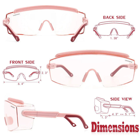 Over Glasses Safety Goggles With Anti Fog Wraparound Lens For Prescription Glasses, showing dimensions and multiple angles