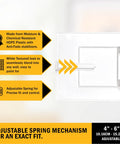 Spring Loaded Adjustable Access Panel Snaps Straight Into 4x4 Through 6x6 Wall Or Ceiling Openings With Zero Sweat And No Drilling Required Paintable Plastic Cover Fits Like A Breeze, showing white HDPE panel with adjustable spring.