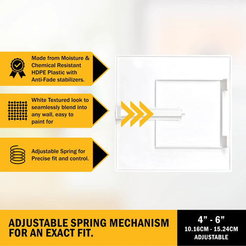 Spring Loaded Adjustable Access Panel Snaps Straight Into 4x4 Through 6x6 Wall Or Ceiling Openings With Zero Sweat And No Drilling Required Paintable Plastic Cover Fits Like A Breeze, showing white HDPE panel with adjustable spring.