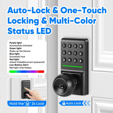 Game Changer Keyless Entry Deadbolt Door Lock with Sleek Knobs Supports Password and Physical Key Unlocks Zero App Required, showing LED indicators and keypad.