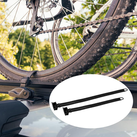 8 Piece Cradle Ratchet Strap Kit For Bike Racks And Roof Carriers securing bike on rack with inset of two black straps