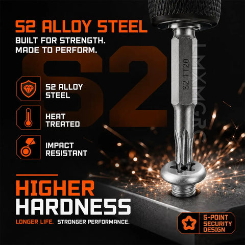 10 Piece 5 Point Security Torx Bit Set With Tamper Proof Star Driver Head in S2 alloy steel highlighting key features.
