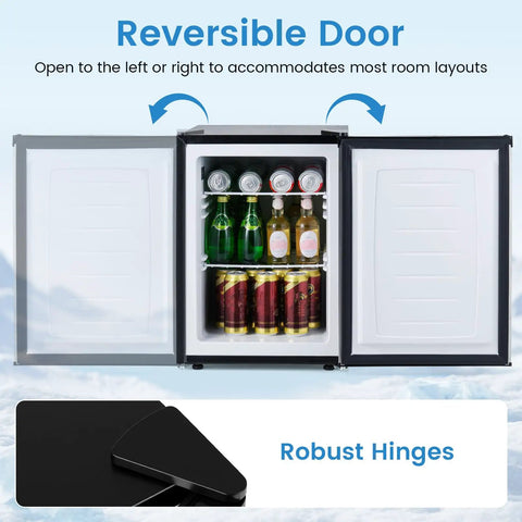 Compact 2.1 Cu Ft Upright Freezer With Reversible Door And Adjustable Thermostat For Dorms And Apartments showing reversible door and robust hinges.