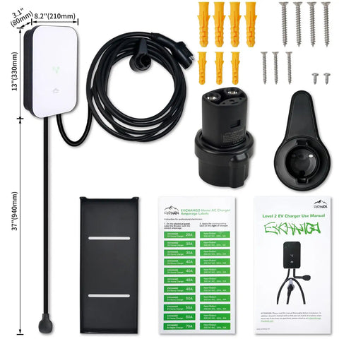 Beefy Level 2 EV Charger 48 Amp 240V with NEMA 14-50 plug, Tesla adapter, mounting kit, manuals, and 25 ft cord.