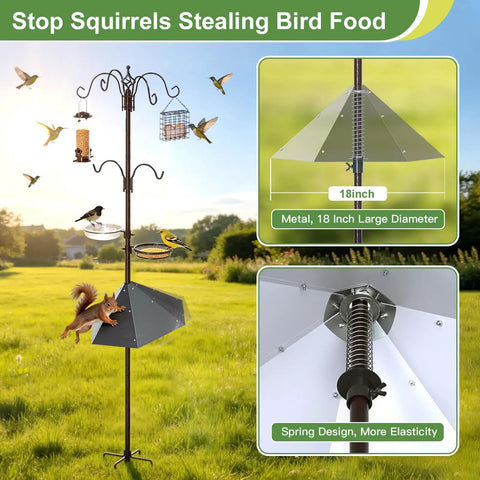 94 Inch Garden Bird Feeding Station Kit With Heavy Duty Metal Squirrel Baffle Seed Tray And Mesh Basket in a backyard setting