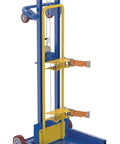 Beefed Up Heavy Duty Gas Cylinder Lifter 500 Lb Capacity Steel Hand Crank Lift with smooth rolling and safety straps in blue yellow