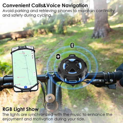Ride Ready Bike Speaker With Pro Handlebar Mount Bluetooth 5.4 IPX7 Waterproof 10W Bass installed on bicycle handlebar