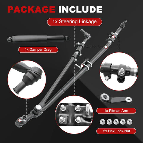 Dodge Ram Front Steering Linkage Drag Link Tie Rod Kit Replacement For 2003 To 2013 4WD Trucks Fits Ram 1500 2500 3500 Replaces 52122362AL 52122362AF DS800981A 6505623AA 68039930AA steering linkage kit with drag link, damper, pitman arm, and hex lock nuts