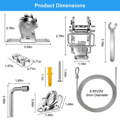 Dimensions and components of Heavy Duty Shade Sail Hardware Kit With Ratchet Winch, 304 Stainless Steel Windproof Tension System