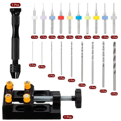 37 Piece Hand Drill Set With Micro PCB Bits 0.1mm To 1.0mm And Mini Twist Bits 0.5mm To 3.0mm Pro Grade Precision Pin Vise And Bench Vice