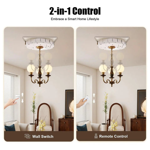 Heavy Duty Electric Chandelier Hoist 330 Lbs Motorized Ceiling Lift showing wall and remote controls in a home setting.