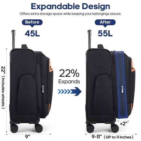 Expandable view of Softside Expandable Carry On Luggage 22 Inch By 14 Inch By 9 Inch Airline Approved 20 Inch Wheeled Suitcase