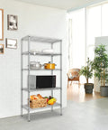 Heavy Duty Five Tier Wire Shelving Unit Kickass Storage Rack With Fully Adjustable Shelves For Kitchen Garage And Pantry Organization Keep Your Space Clean In Sleek Silver Gray 29 X 13 X 59 Inches in modern kitchen setting with microwave and storage.