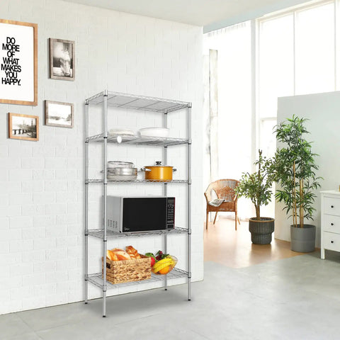 Heavy Duty Five Tier Wire Shelving Unit Kickass Storage Rack With Fully Adjustable Shelves For Kitchen Garage And Pantry Organization Keep Your Space Clean In Sleek Silver Gray 29 X 13 X 59 Inches in modern kitchen setting with microwave and storage.
