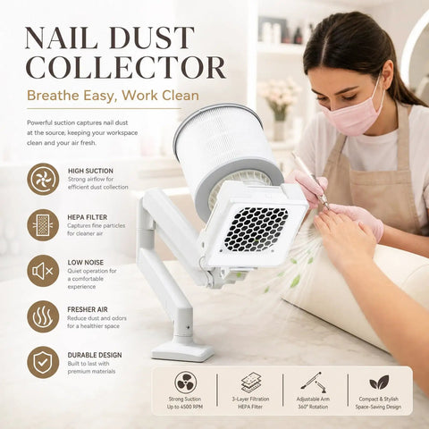 Top Tier Heavy Duty Nail Dust Collector With Crisp Led Lamp And Flexible Rotating Arm For Rapid Acrylic Sweep Ups And Clutter Free Salon Desk Setups Everyday with HEPA filter and adjustable arm.