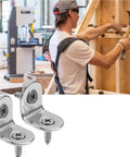 Rock Solid L Corner Brackets 100 Pack Stainless Steel With Screws For Wood Furniture Cabinets And Shelves, shown with a worker installing braces.