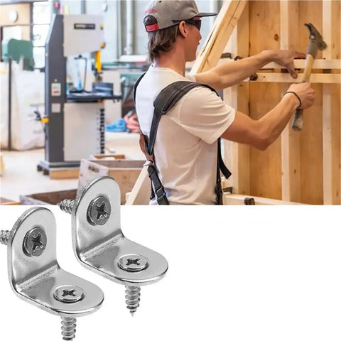 Rock Solid L Corner Brackets 100 Pack Stainless Steel With Screws For Wood Furniture Cabinets And Shelves, shown with a worker installing braces.