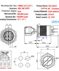 Technical drawing of Beefy 19mm Key Switch With 2 Position DPDT Latching Mechanism, Stainless Steel Rotary Lock, pull to lock feature