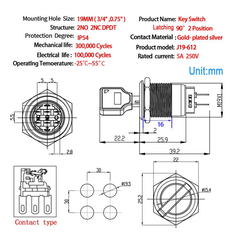 Technical drawing of Beefy 19mm Key Switch With 2 Position DPDT Latching Mechanism, Stainless Steel Rotary Lock, pull to lock feature
