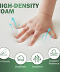 Child's hand pressing on high-density foam, highlighting its skin-friendly, breathable, supportive, and resilient features.