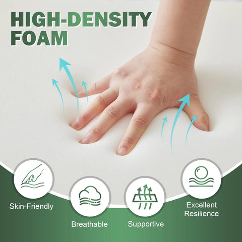 Child's hand pressing on high-density foam, highlighting its skin-friendly, breathable, supportive, and resilient features.