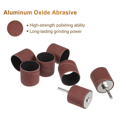 30 Pcs 1-1/2 Inch Sanding Sleeves 120 Grit Set With 2 Pcs 1 Inch Drum Mandrels, aluminum oxide shown with abrasive surface.