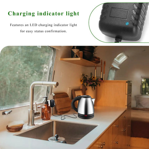 No Sweat Ac To Dc Converter 100 To 240 Voltage Ac To 12 Volt 2 Amp Dc 24 Watt Wall Plug Adapter with LED indicator light in kitchen.