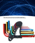 Premium Precision Metal Hex Key Kit With Extended Long Arm Handle For Tough Installations And Manufacturing Jobs That Let You Crush Any DIY Project Or Heavy Duty Work Fast Without The Frustration Of Stripping Screws Or Wasting Time., 9-piece color-coded metal hex key set on holder