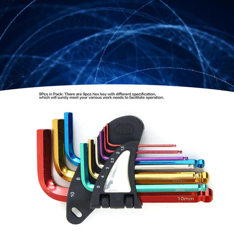 Premium Precision Metal Hex Key Kit With Extended Long Arm Handle For Tough Installations And Manufacturing Jobs That Let You Crush Any DIY Project Or Heavy Duty Work Fast Without The Frustration Of Stripping Screws Or Wasting Time., 9-piece color-coded metal hex key set on holder