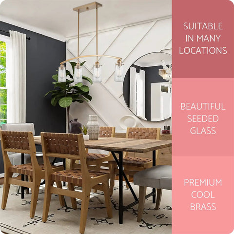 Dining room with Arched 4 Light Kitchen Island Pendant With Seeded Glass Shades In Cool Brass Finish for modern farmhouse kitchens.