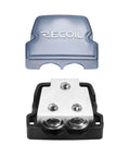 Six Way Car Audio Power And Ground Distribution Block With One Input And Two Outputs For 0 2 4 Gauge Wires Beefy Brass Construction For Maximum Power Transfer Marine Grade Satin Chrome Finish And High Temperature Polycarbonate Base And Cover, cover off