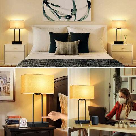 Must Have Set Of 2 Modern Table Lamps With USB Ports And AC Outlet, Touch Three Way Dimmable Bedside Lamps in bedroom and office.