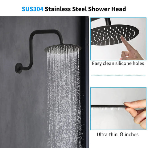 Matte Black Three-Handle Shower Faucet Set With Tub Spout, Wall Mounted Stainless Steel Bath Faucet With Rough-In Valve